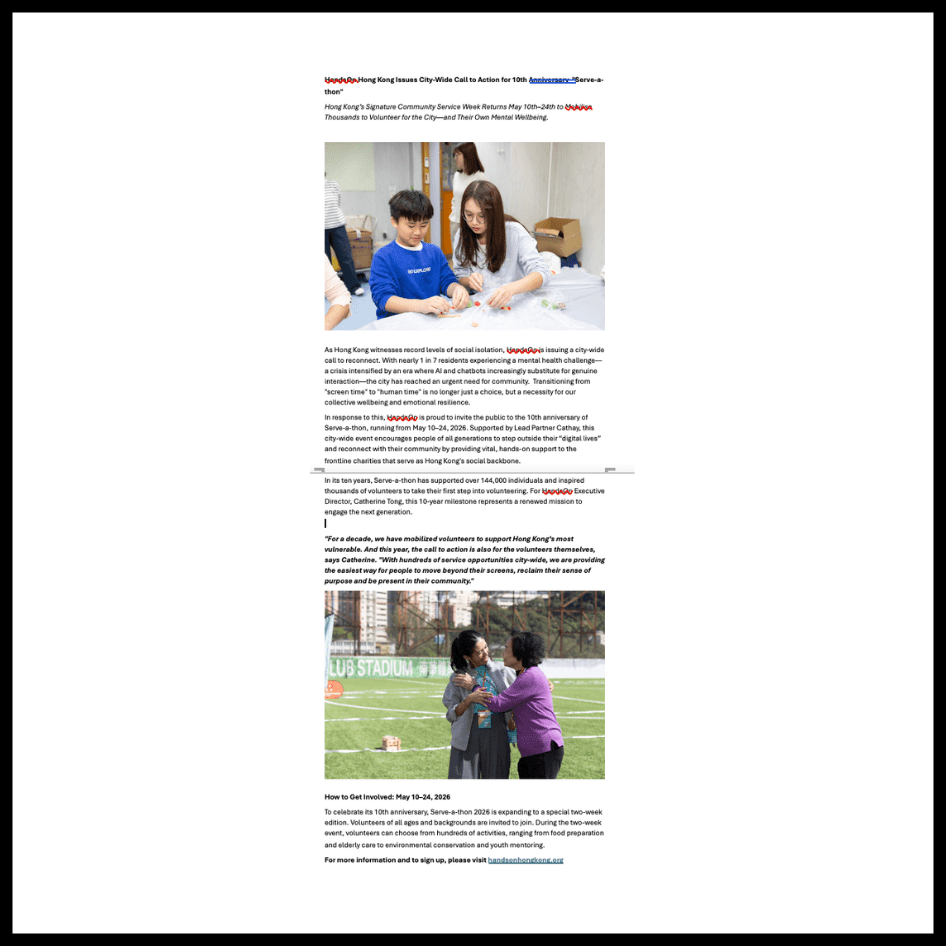 HandsOn Hong Kong Issues City-Wide Call to Action for 10th Anniversary “Serve-a-thon”